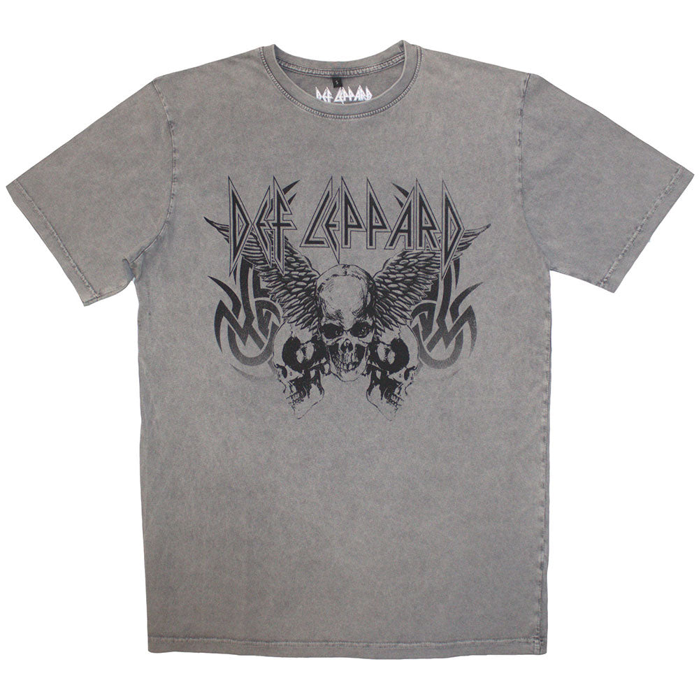 Def Leppard Unisex Stone Wash T-Shirt: Tribal Skull